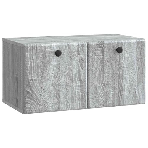 GeenYuu Meuble TV mural gris Sonoma en bois 59,5 x 31 x 30 cm avec beaucoup d'espace de rangement et portes battantes à 90° pour salon, home cinéma, meuble multimédia moderne, suspendu, peu encombrant
