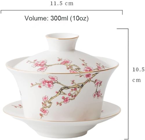 Image of YBK Tech 10oz Large Gaiwan, Porcelain Kung Fu Tea Cup and Saucer with Lid, Chinese Traditional Gaiwan, Sancai Tea Bowl - Embossed Plum Patterns (White)