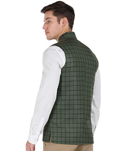 Image of Men's OLIVE GREEN & BLACK Checkered Bandhgala Ethnic Nehru Jacket Waistcoat