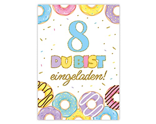 Minkocards 12 Einladungskarten zum achten Kindergeburtstag 8. Geburtstag Mädchen Donuts Einladungen zum Geburtstag Kinder bunte Geburtstagseinladungen