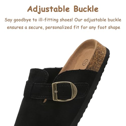 Image of Kids Suede Clogs Boys Girls Mules Cork Genuine Leather Sandals with Adjustable Buckle Slippers Potato Shoe Indoor Outdoor Slip On Slide for Big Kids