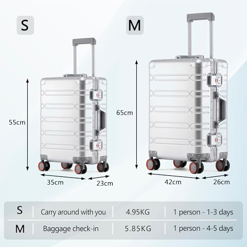 Simcat All Aluminum Carry On Suitcase, 100% Aluminium Metallkoffer, Aluminiumlegierung Koffer Trolleys Handgepäckkoffer mit Spinnerrädern, TSA-Schloss (Silber,55×35×23cm,37L)