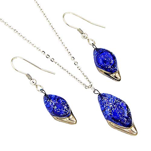 Collier et boucles d'oreilles bleus en verre soufflé artisanal et éclats de platine