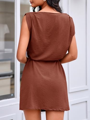 Image of Wenrine Womens 2026 Summer Mini Dress Casual Sleeveless Tie Waist Loose Ruched Beach Vacation Short Sundresses