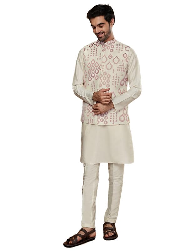 Kisah Men's Kurta Jacket Trouser Set, Off White Dupion Silk, Embellished Regular Fit Mandarin Collar Long Sleeves (40)