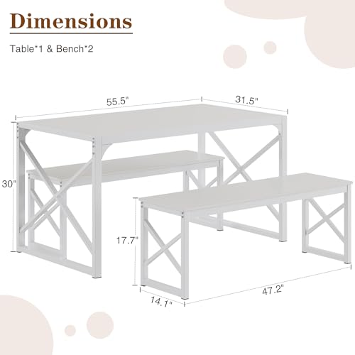 Image of VECELO 55 inch Kitchen Dining Table Set for 4, Heavy-Duty Steel Frame & Wood-Grain Tabletop, Space-Saving Dinette Sets with 2 Benches for Breakfast Nook and Small Space, White