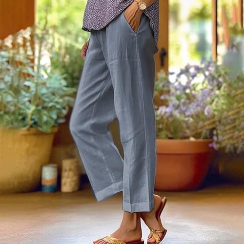 Cotton Linen Pants Women Plus Elastic Waist Straight Leg Lounge Cropped Pants Summer Casual Beach Slacks with Pockets2