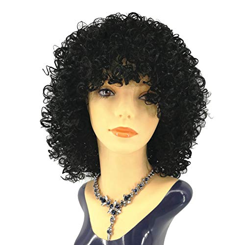 Perruque cosplay bouclée noire 20 pouces thermorésistante avec bonnet inclus
