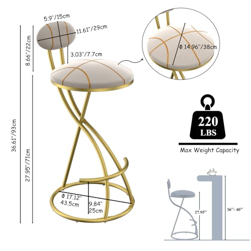 Set de 2 Butacos para Barra Calivox, Asiento Redondo de Terciopelo con Rayas, Estructura Dorada de Metal, Altura para Barra de Cocina miniatura 2