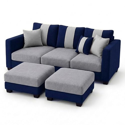 Image of Revo 5 Seater L Shape Sofa Set with 2 Movable Ottomans | Flexible Layout | Luxury Velvet Suede Fabric | Modern Living Room Sofa | Dark Blue-Light Grey