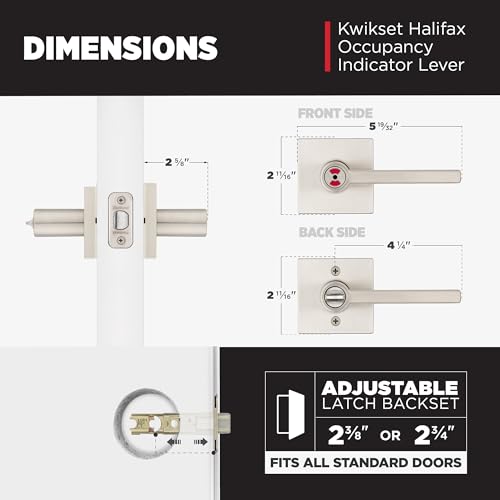 Image of Kwikset Halifax Vacant Occupied Bathroom Door Handle Lock, Privacy Door Lever with Indicator, Satin Nickel