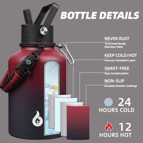 Image of BJPKPK Insulated Water Bottles with Straw Lid, 50oz Large Water Bottle with 3 Lids and Paracord Strap, Stainless Steel Metal Water Bottle, Insulated Water Jug,Charming Red