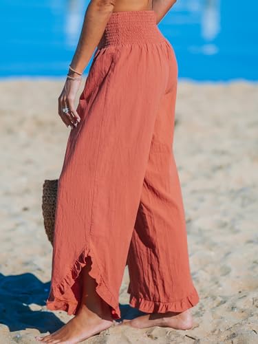 CUPSHE Women Pants Smocked Waist Straight Leg Ruffle Cuffs Loose Fit Pant Casual Beach2