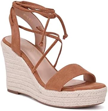 SUMOJIU Women's Lace-Up Wedge Platform Espadrille Open Toe Heel Sandals, Cross Strap Wedge Sandals Summer Espadrilles Ankle Strap Buckle Platform Sandals Tan 7.5 size