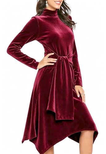 Image of Jayscreate Women's 2023 Long Sleeve Sweater Dress Fall Winter Midi Tie Front Knit High Waist Business Casual Dress