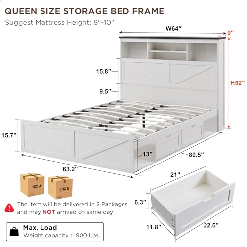 Queen-Size-Wood-Bed-Frame-Farmhouse-with-52-Tall-Storage-Bookcase-Headboard-LED-LightCharging-Station4-Drawers-and-Solid-Wood-Slats-SupportNoiselessNo-Box-Spring-Needed-Luxury-White Queen Size Wood Bed Frame Farmhouse with 52 Tall Storage Bookcase Headboard LED LightCharging Station4 Drawers and Solid Wood Slats SupportNoiselessNo Box Spring Needed Luxury White