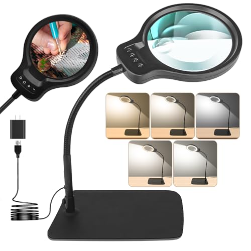 10X 30X Large Magnifying Glass with Light and Stand, 5-inch Lens, 5 Color Modes, Hands Free Magnifying Lamp for Close Work, Lighted Magnifier Desk Lamp for Craft Sewing Jewelry Painting Reading