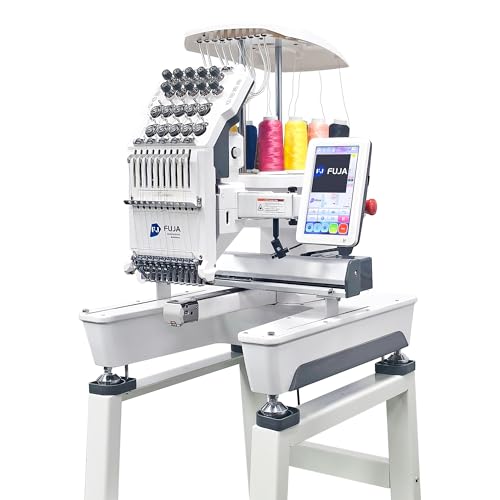 FUJA Single Head 10 Needles Embroidery Machine 1200 SPM Max Speed 7 Inch Touch Screen Working Area 9.5' × 14.2' Wifi available Suitable for 3D Caps Flat T shirt Embroidery and more