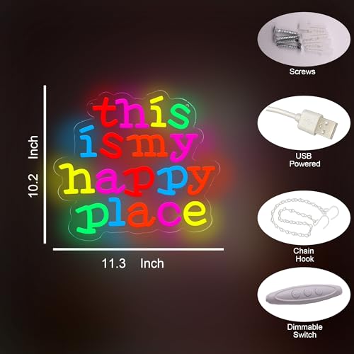 Image of This is My Happy Place Neon Sign USB Powered for Classroom Wall Decor, Neon Sign Dimmable LED Neon Light Sign for Bedroom Home Gallery Retro Positive Motivation Rainbow Home Hall Decor