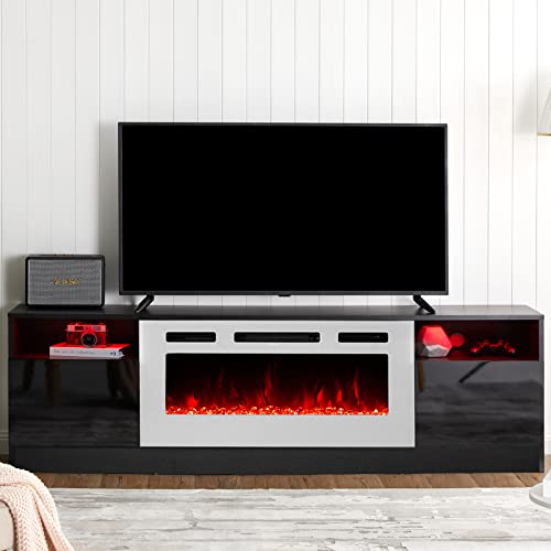 Image of AMERLIFE Fireplace TV Stand with 36 inch Electric Fireplace, LED Light Entertainment Center, Modern Wood Texture Entertainment Stand with Highlight Storage Cabinet for TVs Up to 80 inch, 70 inch, Black & White