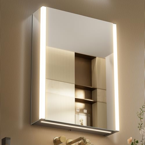 KWW LED Lighted Bathroom Medicine Cabinet with Sockets & USBs, Defogger, Dimmable, 3 Color Light Makeup Mirror, Easy to Install, Wall Mounted Cabinet (Left hinge-21 * 28)