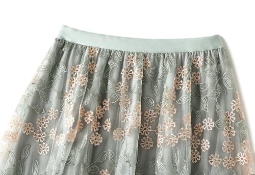 Bohemian Floral Embroidered Elastic Waist Layered Tulle Midi Skirts for Women Spring A-Line Skirt3