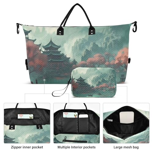 Large Travel Duffel Bag, Building Chinese Style Sports Tote Gym Bag, Shoulder Weekender Overnight Bag for Women Men, Carry On Luggage with Toiletry Bags2