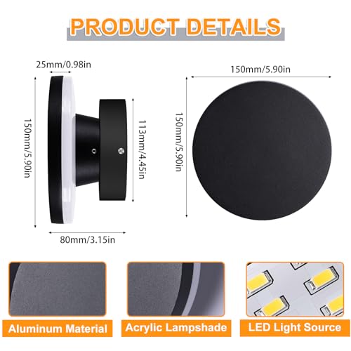 Image of Modern Round Outdoor Wall Sconce, 12W LED Wall Light 3000K Warm White, Black Aluminum Waterproof Exterior Light Fixture, Wall Mount Sconces for Porch, Entryway, Doorway and Indoor