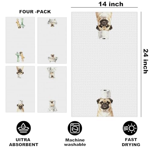 Image of Hanamiya Na 4 Pcs Funny Pug Bathroom Hand Towels 24x14 Inch, Pug Gifts Absorbent Microfiber Dish Cloth Towel, Pugs Mom Gifts Waffle Weave Hand Towels for Toilet Home Dog Bathroom Decor