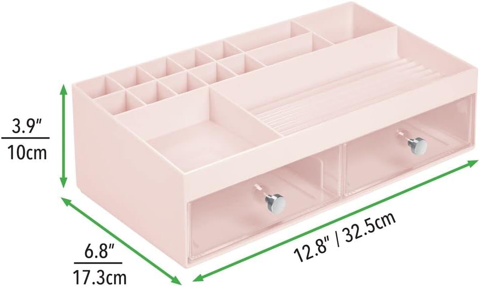 mDesign Wide Plastic Makeup Storage Caddy Organizer for Bathroom Vanity Countertop - 2 Drawers, 15 Top Shelf Compartments - Holds Lip Stick, Gloss, Blush Palettes, Brushes, Mascara - Blush Pink/Clear