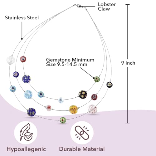 SHOP LC DELIVERING JOY Murano Style Millefiori Glass Layered Necklace - Beaded Necklaces for Women Trendy - Colorful Flower Jewelry Stainless Steel 18" Birthday Gifts for Women3