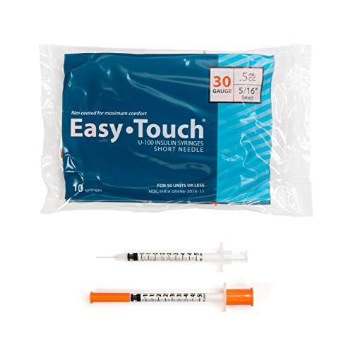 Easy Touch U-100 Insulin Syringe with Needle, 30G 0.5cc 5/16-Inch (8mm), Box of 100