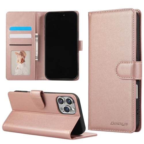 折りたたみ財布型ケース iPhone16 pro ケース 手帳型 iPhone16proスマホケース 携帯カバー アイフォン16proスマホケース 360度保護耐衝撃 磁石式しっかり固定 カード収納 (ゴールドピンク)
