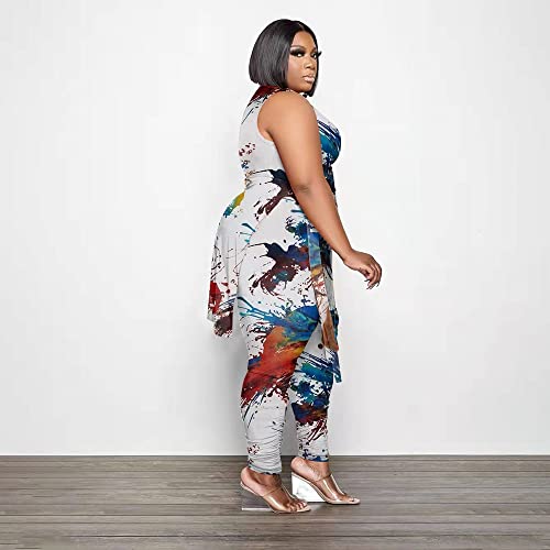 Women Plus Size 2 Piece Outfits Jumpsuit Camouflage Print Sleeveless Slit Tunic Tops Pant Set4