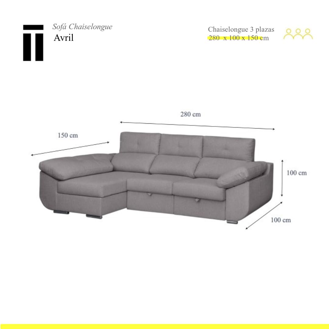 SHIITO | Modelo Avril - Sofá 3 Plazas Izquierda con Chaiselongue y Asientos Deslizantes | Diseño Moderno y Sofisticado | 280 x 150 x 100 cm - Color Ceniza