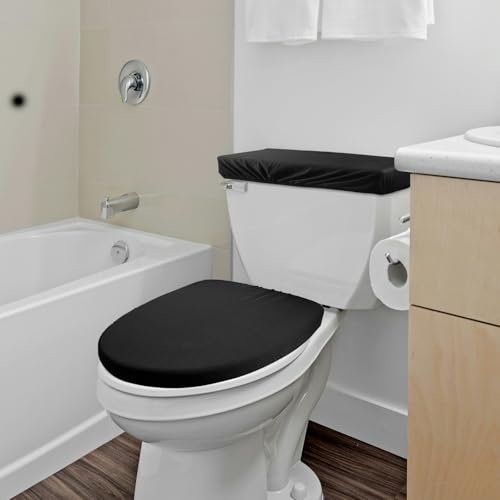 OXDFK Black Toilet Lid Cover and Toilet Tank Lid Cover, Toilet Lid Cover with Elastic Bottom, Replacement Universal Toilet Lid Cover, for Bathroom Decor Accessories, Washable, Prevents Dust