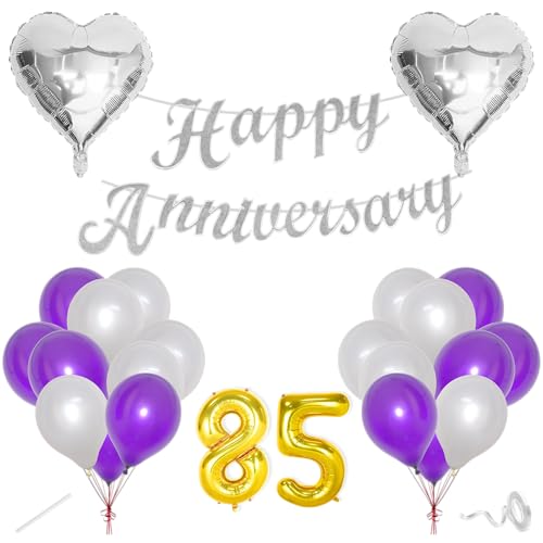 Image of Flyloons 85th Happy Anniversary Decoration Items Purple for Men Women Husband Wife Mom Dad Parent Couple Home Bedroom Car With 20 Pcs Metallic Balloons Anniversary Banner 2 Pcs Heart Set Kit