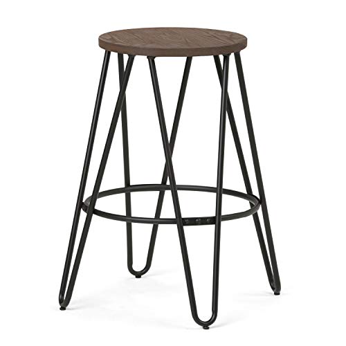 Simplihome Simeon 24 Inch Counter Height Stool, Cocoa Brown And Black Metal And Elm Wood, Round, Backless, For The Kitchen And Dining Room, Industrial #TOP4