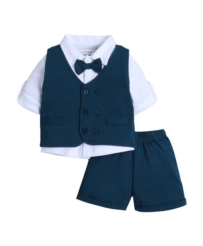 Image of BUMZEE Boys Regular Fit Full Sleeves Collar Neck Cotton Shirt Waistcoat Short Set with Applique Bow