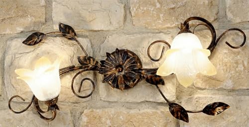 Generico Plafoniera da soffitto classica rustica in ferro battuto con vetri ambra 2 luci camera da letto, soggiorno, corridoio marta-PL2
