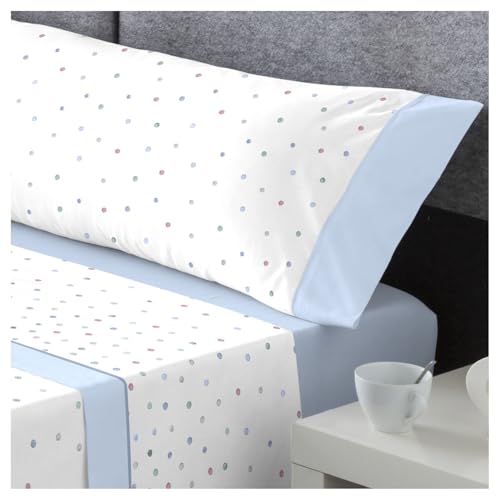 DECASATEXTIL – Juego de sábanas Cama- 3 Piezas – Diferenctes diseños - 48% Algodón, 144Hilos -Oeko-Tex® – Sabana Bajera, encimera y Funda Almohada - Cama 150cm - Izan Azul