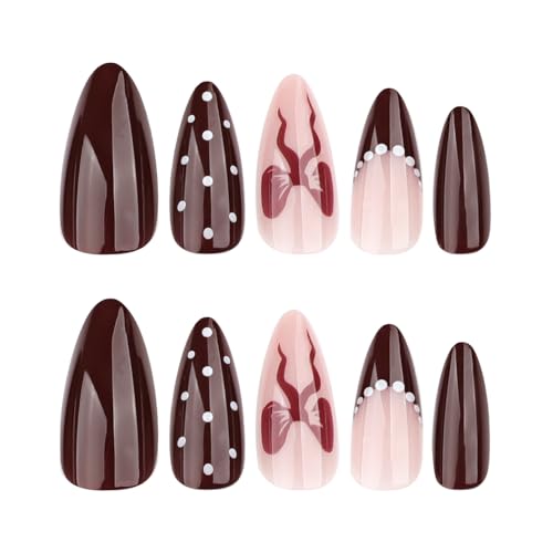 Image of Secret Lives Acrylic Press on Nails Reusable Artificial Designer Fake Nails Extension Brown White dot 24 Pieces Set with Kit