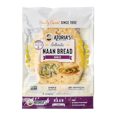 Atoria's Family Bakery Garlic Naan | Non-GMO, Vegan (8 Pack, 16 Flatbreads Total) 8-Packs of 2 Sheets (16 Sheets) Cover