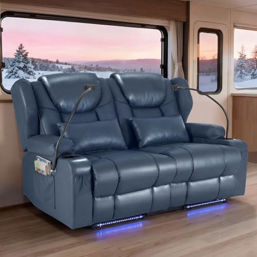 Image of Redlife Power Loveseat Recliner Sofa, PU Leather Dual Reclining Couch with Vibration & Heating, Blue LED Base Lights, USB Ports, Cup Holders & Phone Holders, Home Theater & RV Reclining (Blue)