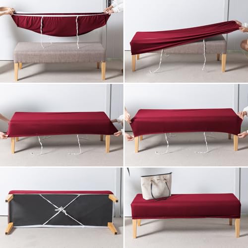 Image of HOKIPO 'SereneSolids' 140 GSM Dining Bench Cover Stretchable Slipcover, Burgundy (AR-6245-BRGN)