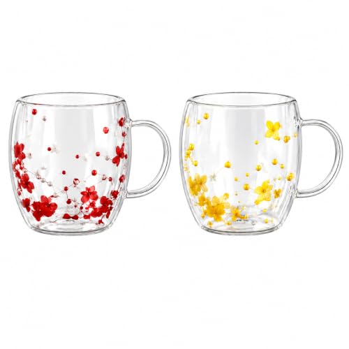 Image of KiKiluxxa 250ml Double Wall Glass Tea Coffee Mug Set of 2 | Glass Cups with Movable Decorative Flowers & Pearl Beads | Insulated Glass Mug for Tea, Coffee, Milk, Gift (Ruby Blossom+Golden Daisy)
