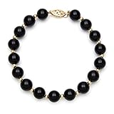 10k Yellow Gold Black Onyx Beaded Bracelet for Women, 7.5"