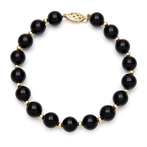 Belacqua Round Natural Black Onyx Bracelet in 10K Gold Beads, Gemstone Size - 8mm, Length - 7.5 Inches, Fishhook Clasp, Fashion Jewelry for Women, Gift Box Included