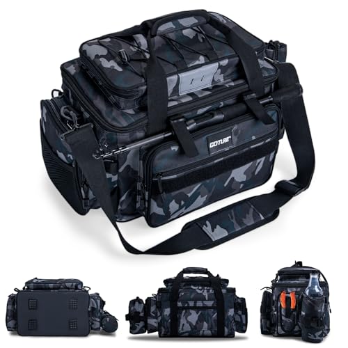 Goture Angeltasche, weiche Seite, wasserabweisend, Umhängetasche, Verstellbarer Angelrutengurt, Angelrucksack Mit gepolsterten Schultergurten, Reflektorstreifen und rutschfestem Boden Tarnfarbe