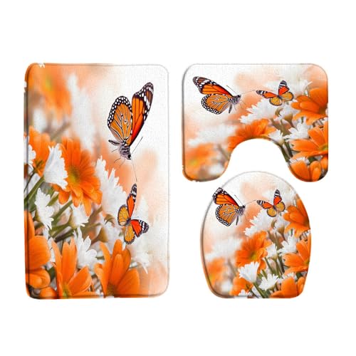 VPUPCN Orange Floral 3 Pcs Bath Rugs Set,Dreamy Flower Butterfly Plant Romantic Spring Garden Nature Scenery Bathroom Kitchen Rug with 16